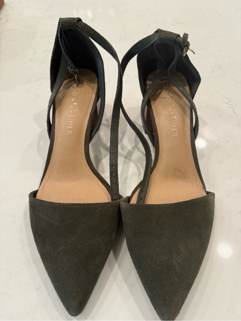 Gibson Latimer Olive Green Pointed Suede D'Orsay Block Kitten with Ankle Strap